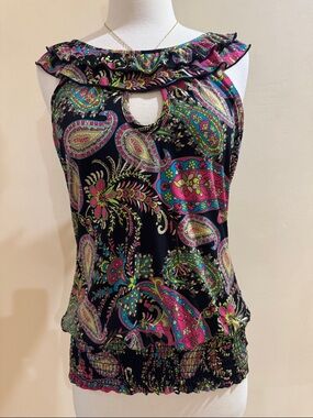 Love Tease Black Paisley Keyhole Ruffle Camisole with Pink and Green Accents